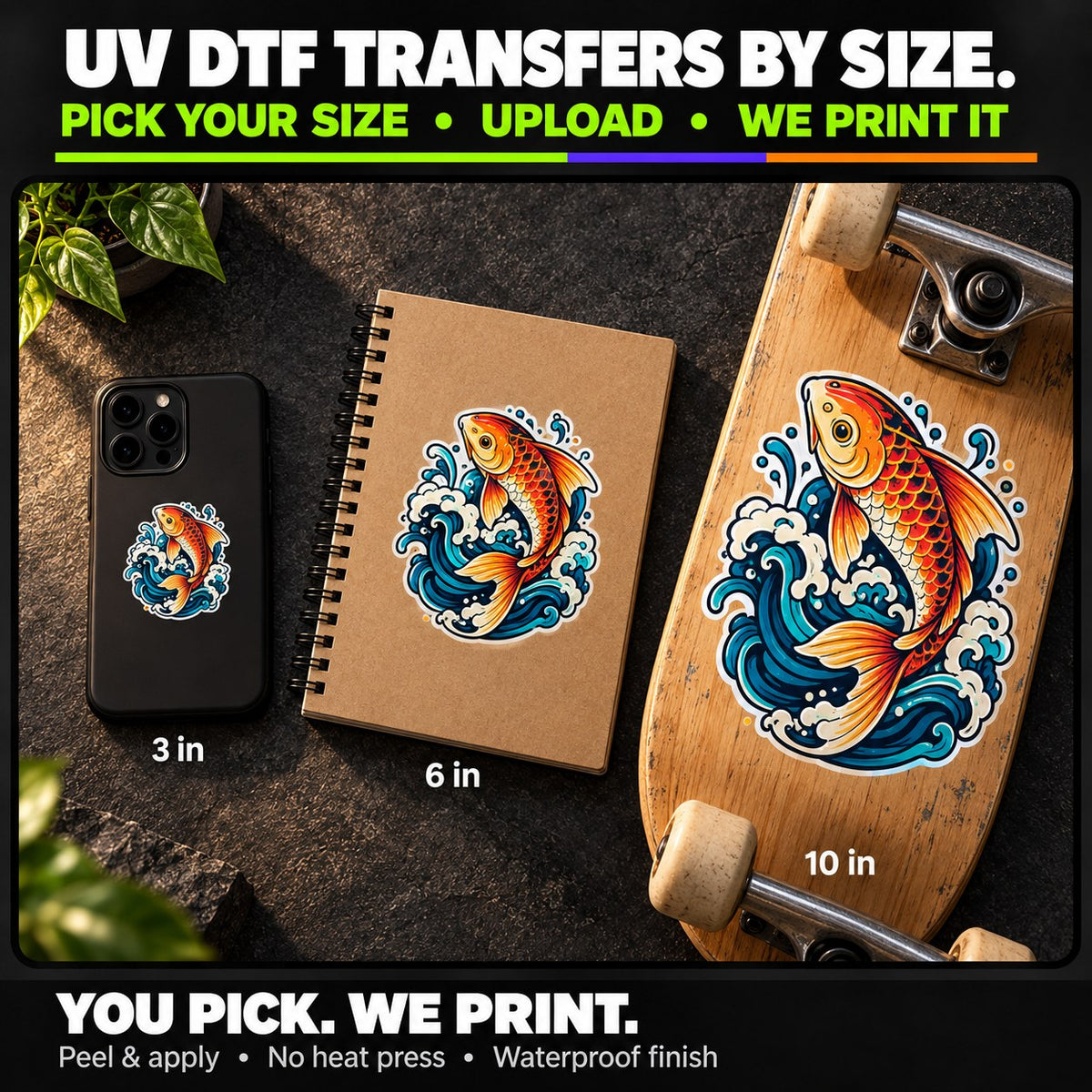 UV DTF sticker printed in three sizes on a phone case, notebook and skateboard