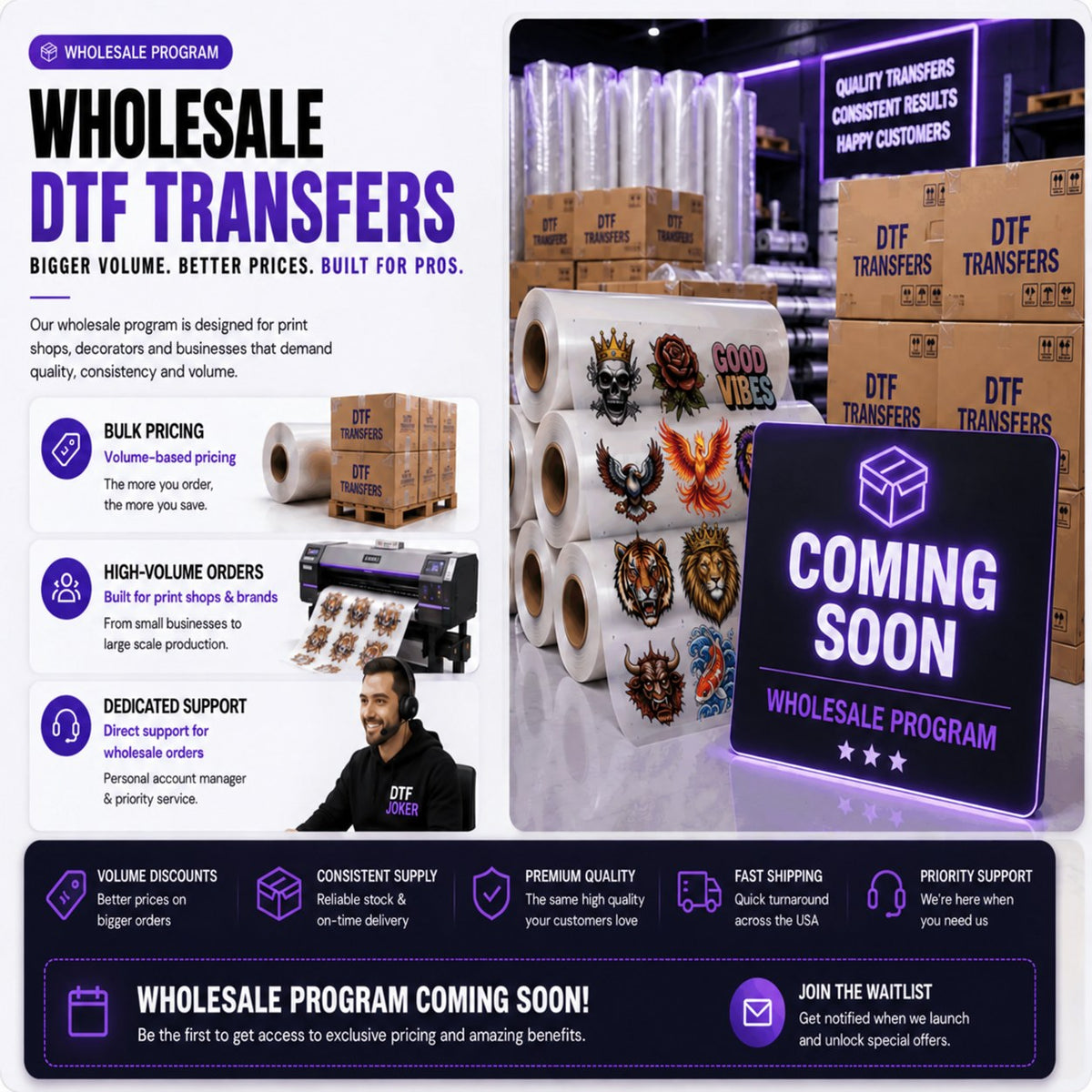 Bulk DTF transfers for print shops and apparel brands