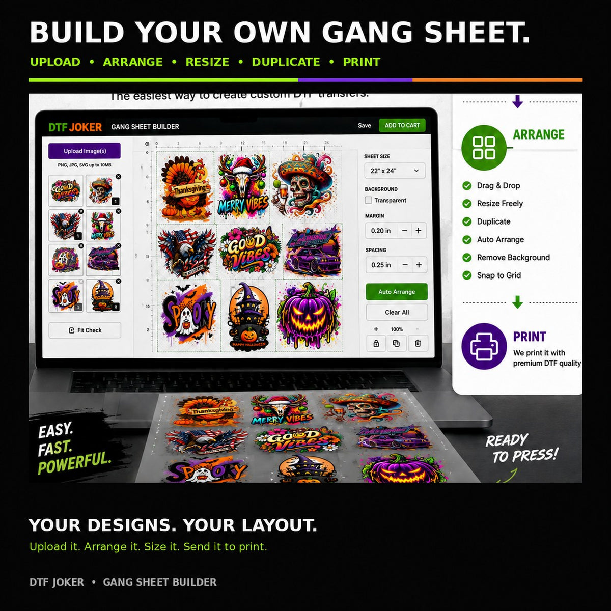 DTF Joker gang sheet builder with custom transfer designs