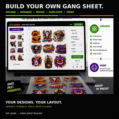 DTF Joker gang sheet builder with custom transfer designs