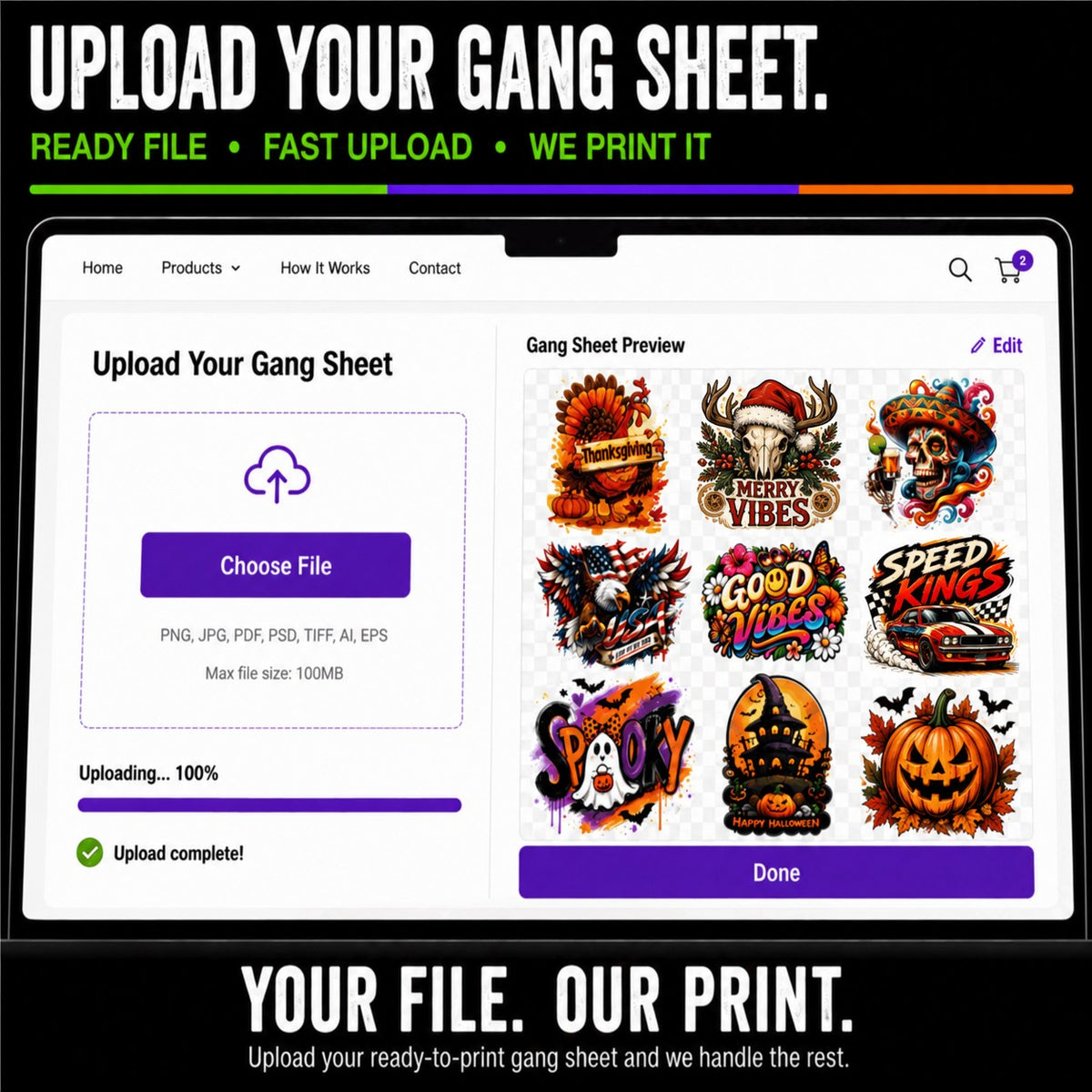 Upload your ready-to-print gang sheet file to DTF Joker