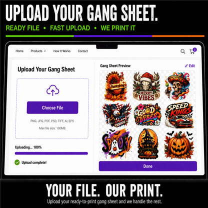Upload your ready-to-print gang sheet file to DTF Joker