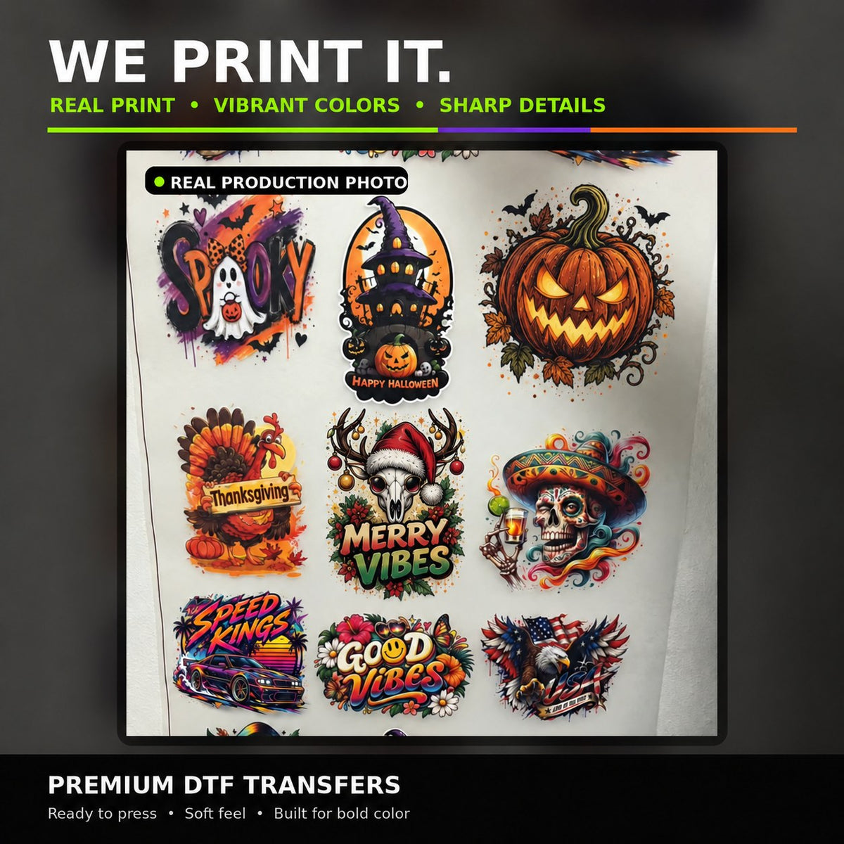 Printed DTF transfer sheet with vibrant ready-to-press designs