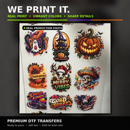 Printed DTF transfer sheet with vibrant ready-to-press designs